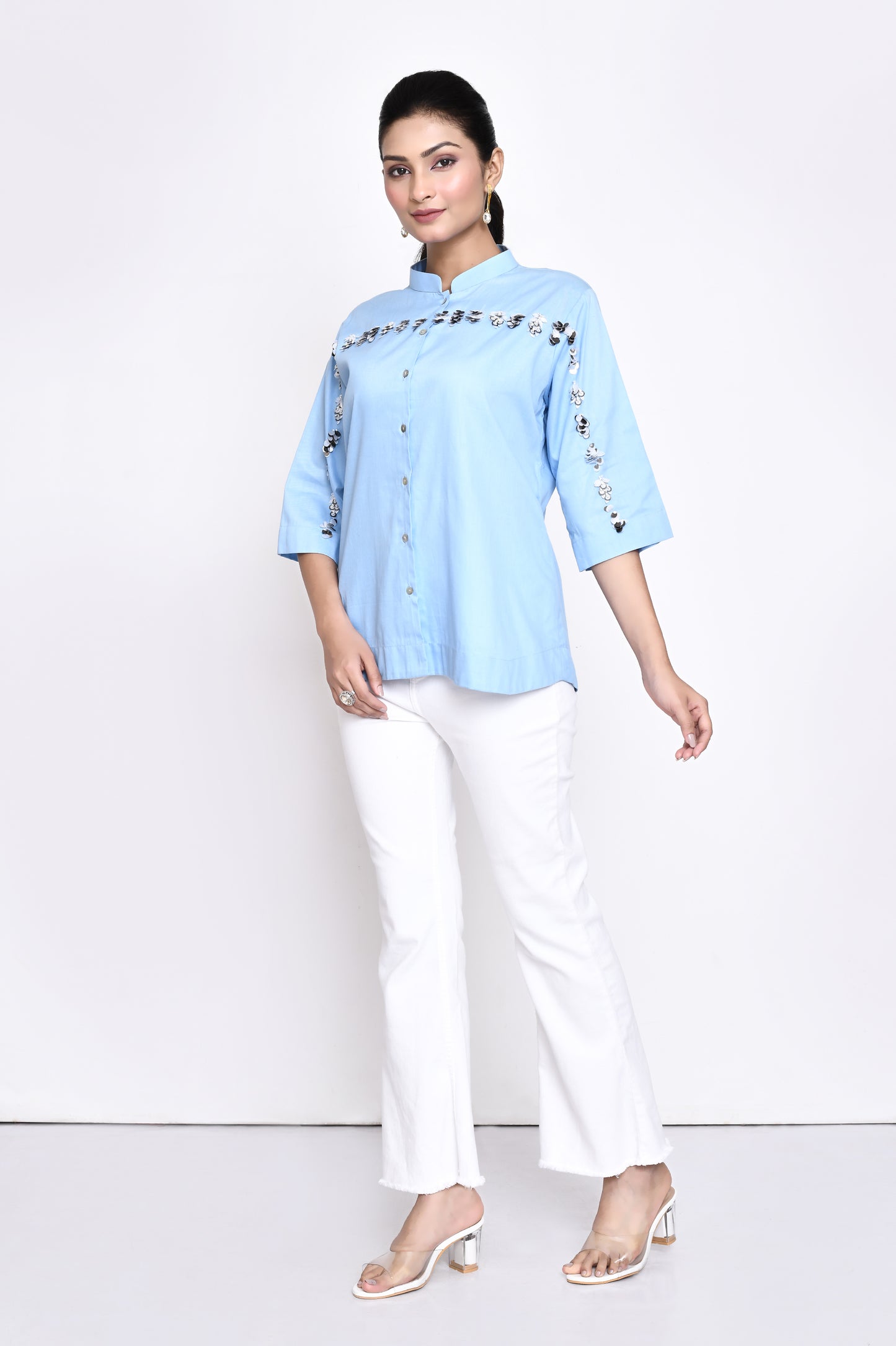 Sky Blue Cotton Embellished Shirt