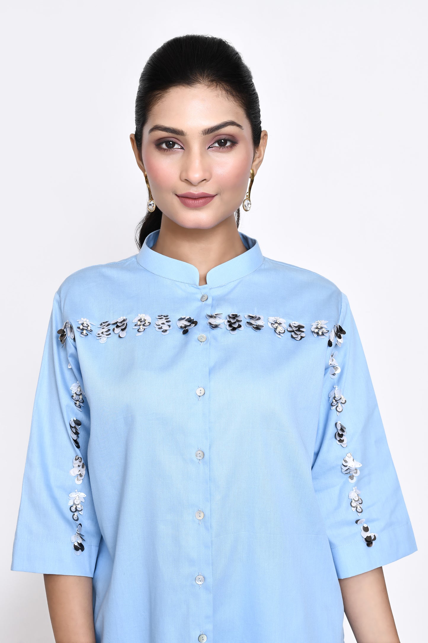 Sky Blue Cotton Embellished Shirt