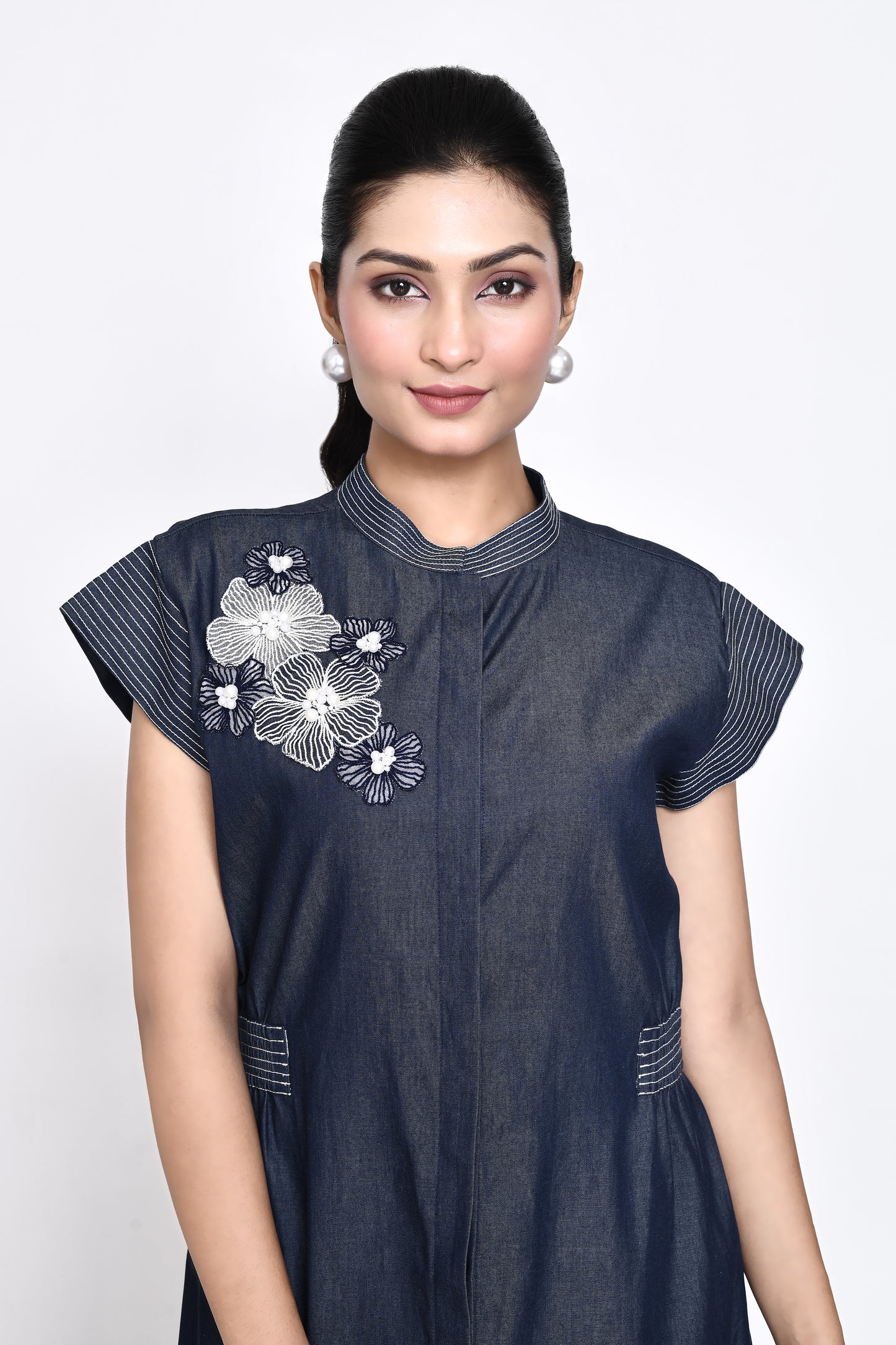 Denim Dress with Floral Embellishment