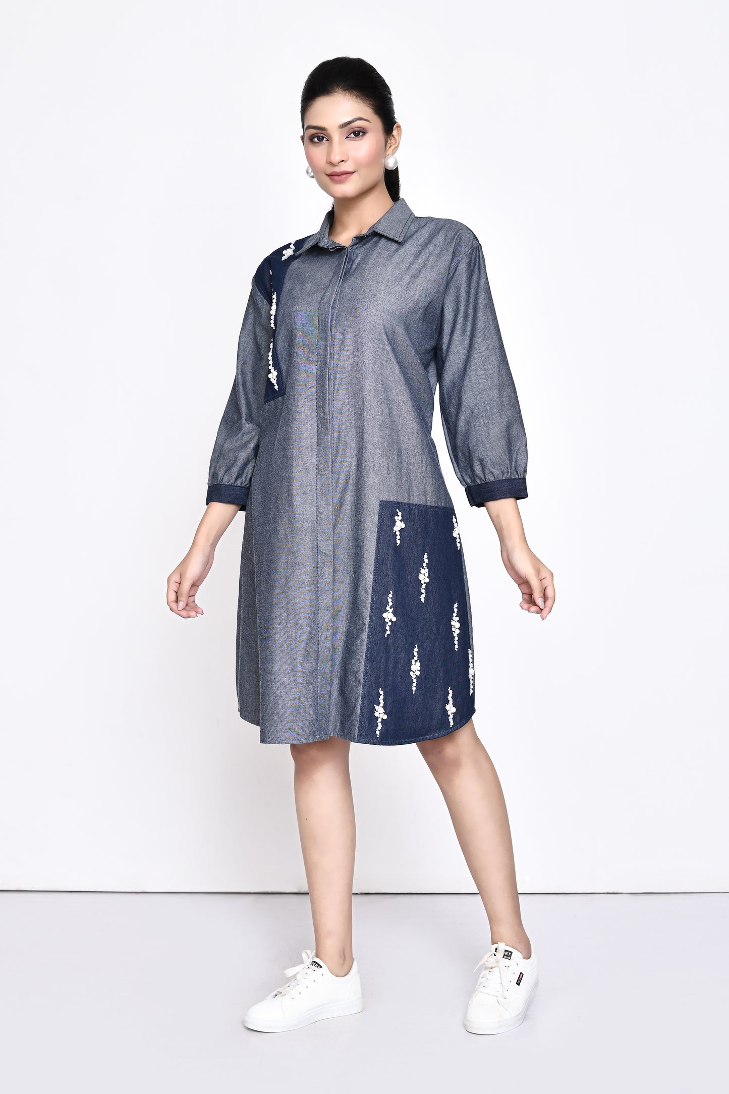 Denim Two Toned Embellished Shirt Dress