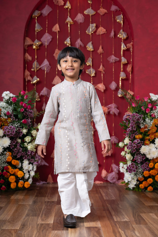 Grey Chanderi Silk Thread Embroidered  Kurta Set for Boys
