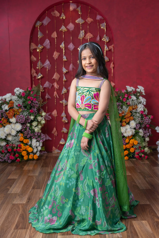 Vibrant Green Crepe Embroidered Lehenga Set For Girls
