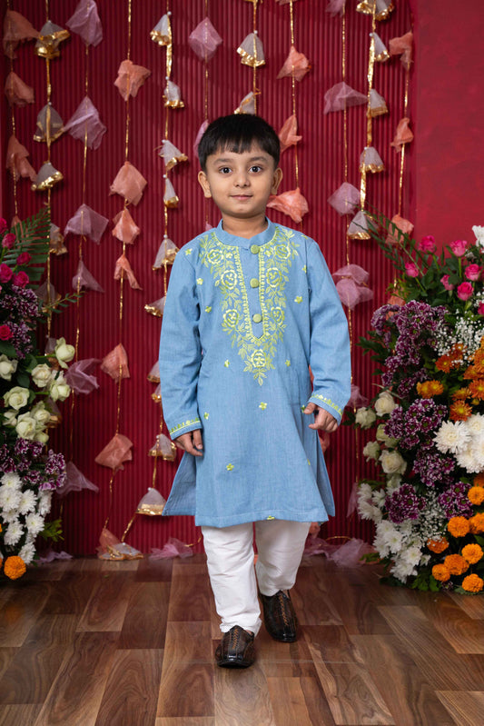 Light Blue Soft Denim Kurta with Embroidery and White Pants