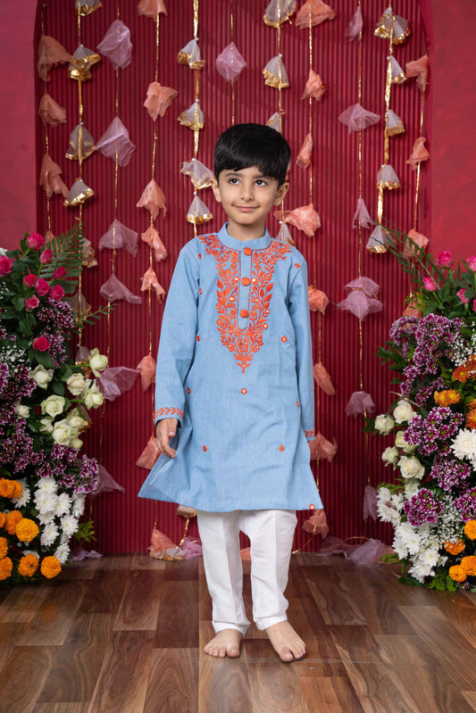 Sky Blue Soft Denim Kurta with Embroidery and White Pants