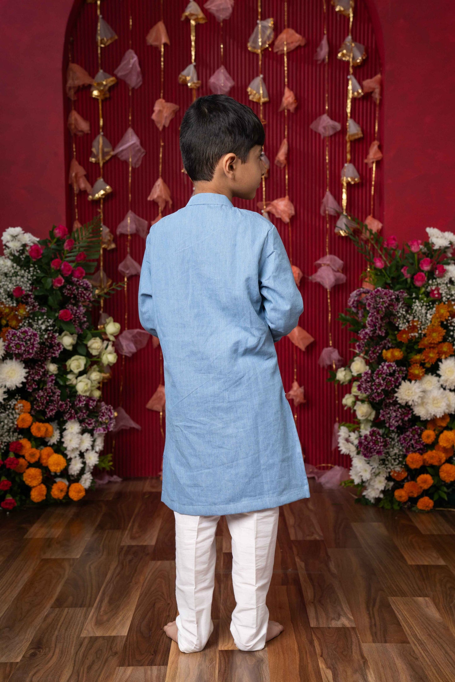 Sky Blue Soft Denim Kurta with Embroidery and White Pants