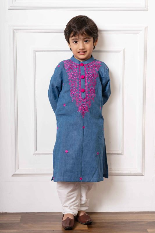 Blue Soft Denim Kurta with Pink Embroidery and White Pants