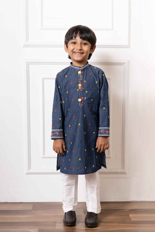 Denim Blue Embroidered Kurta with White Pants