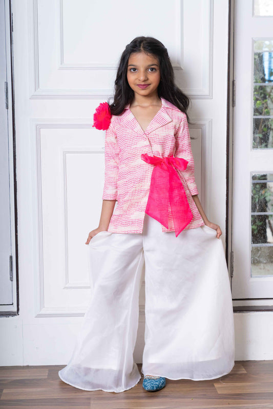 Trendy Pink Blazer Jacket with Bow Belt and White Palazzo Set – Perfect for Parties, Celebrations, and Modern Festive Wear