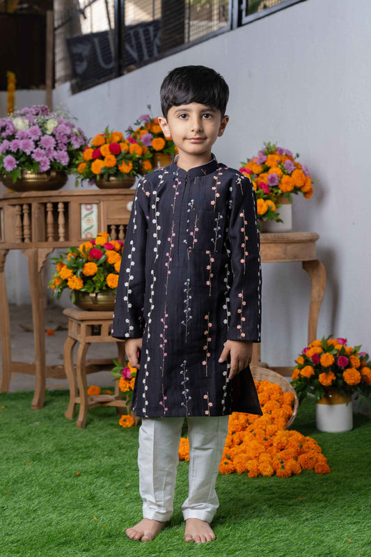Black Embroidered Silk Kurta with White Pants