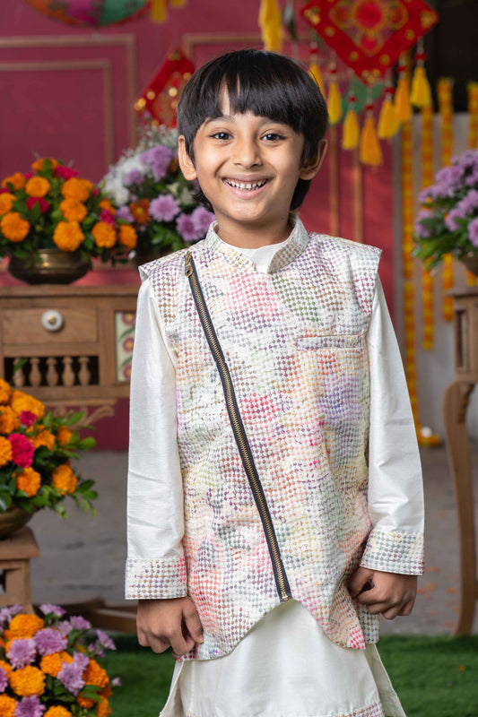 Cream Silk Kurta with Textured Nehru Jacket and Pants