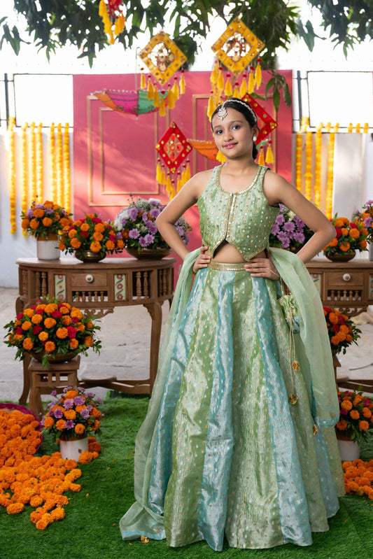 Pastel Green Tissue Silk Embroidered Lehenga Set For Girls