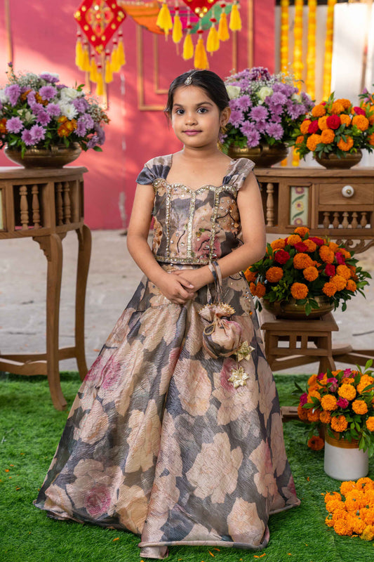 Grey & Beige Tissue Silk Embroidered Floral Pastel Printed Lehenga Set For Girls