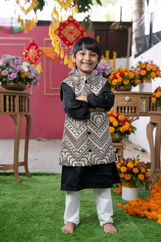 Black Silk Kurta with Embroidered Nehru Jacket and White Pants
