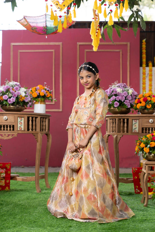 Orange & Mustard Yellow Tissue Silk Lehenga Set for Girls