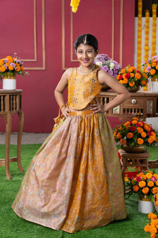 Mustard Gold Tissue Silk Embroidered Lehenga Set For Girls