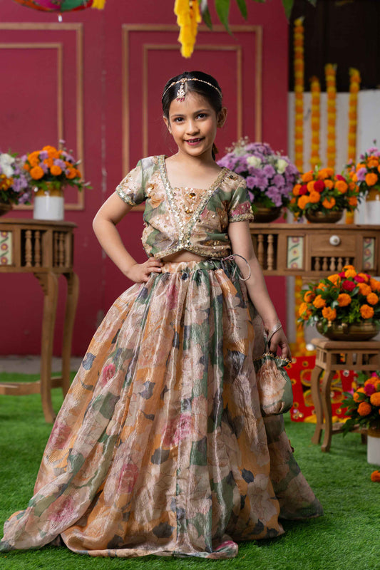 Multi-Colored Tissue Silk Floral Lehenga Set For Girls