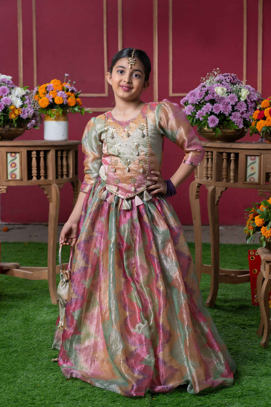 Shimmering Pastel Embroidered Top and Lehenga Set with Matching Potli Bag – Perfect for Weddings, Parties, and Festive Occasions