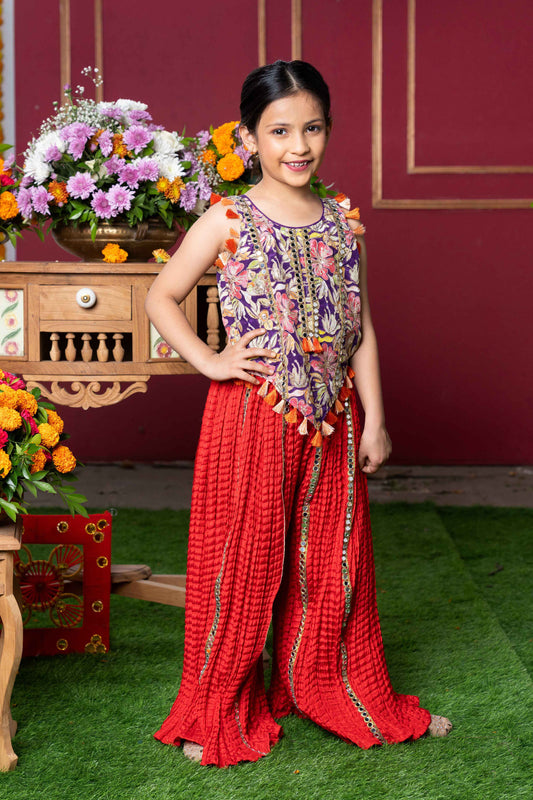 Red Crushed Silk And Crepe Mirror Work Sharara Set For Girls