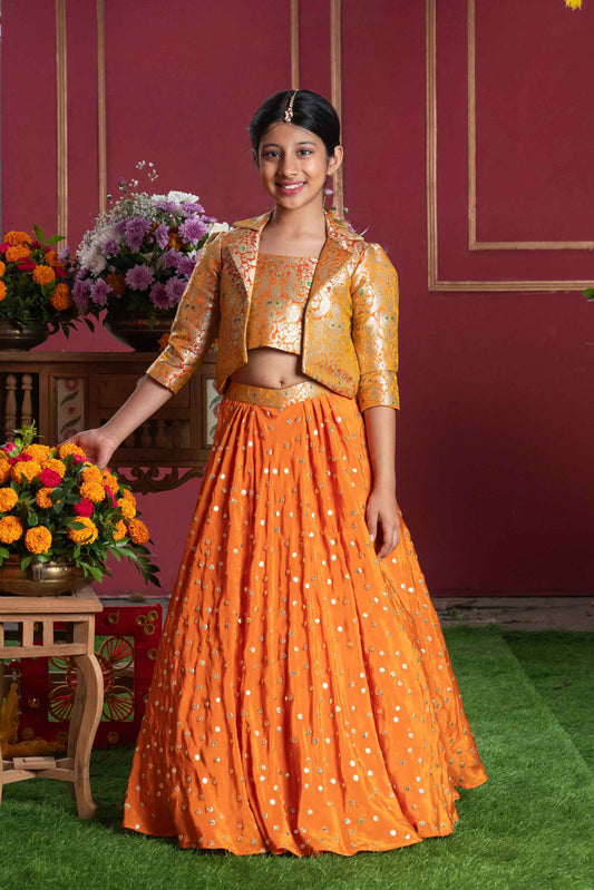Orange Brocade Jacket Style Top And Lehenga Set For Girls