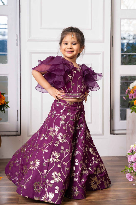 Purple Organza Gota Embroidered Lehenga Set For Girls