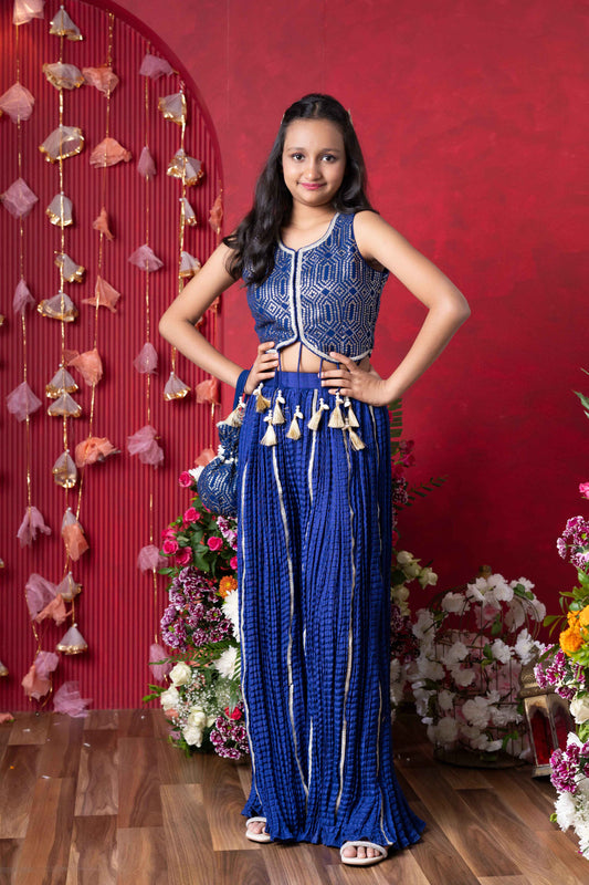 Royal Blue Crushed Silk Embroidered Sharara Set For Girls