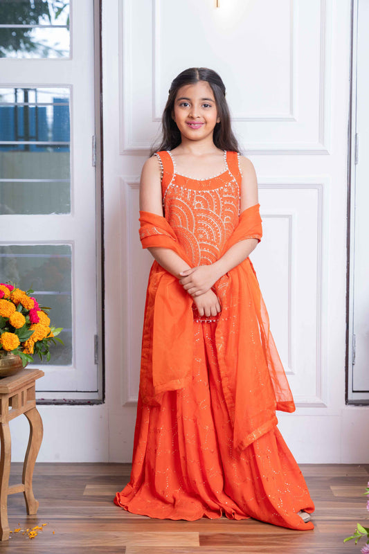 Orange Georgette Embroidered Lehenga Set For Girls