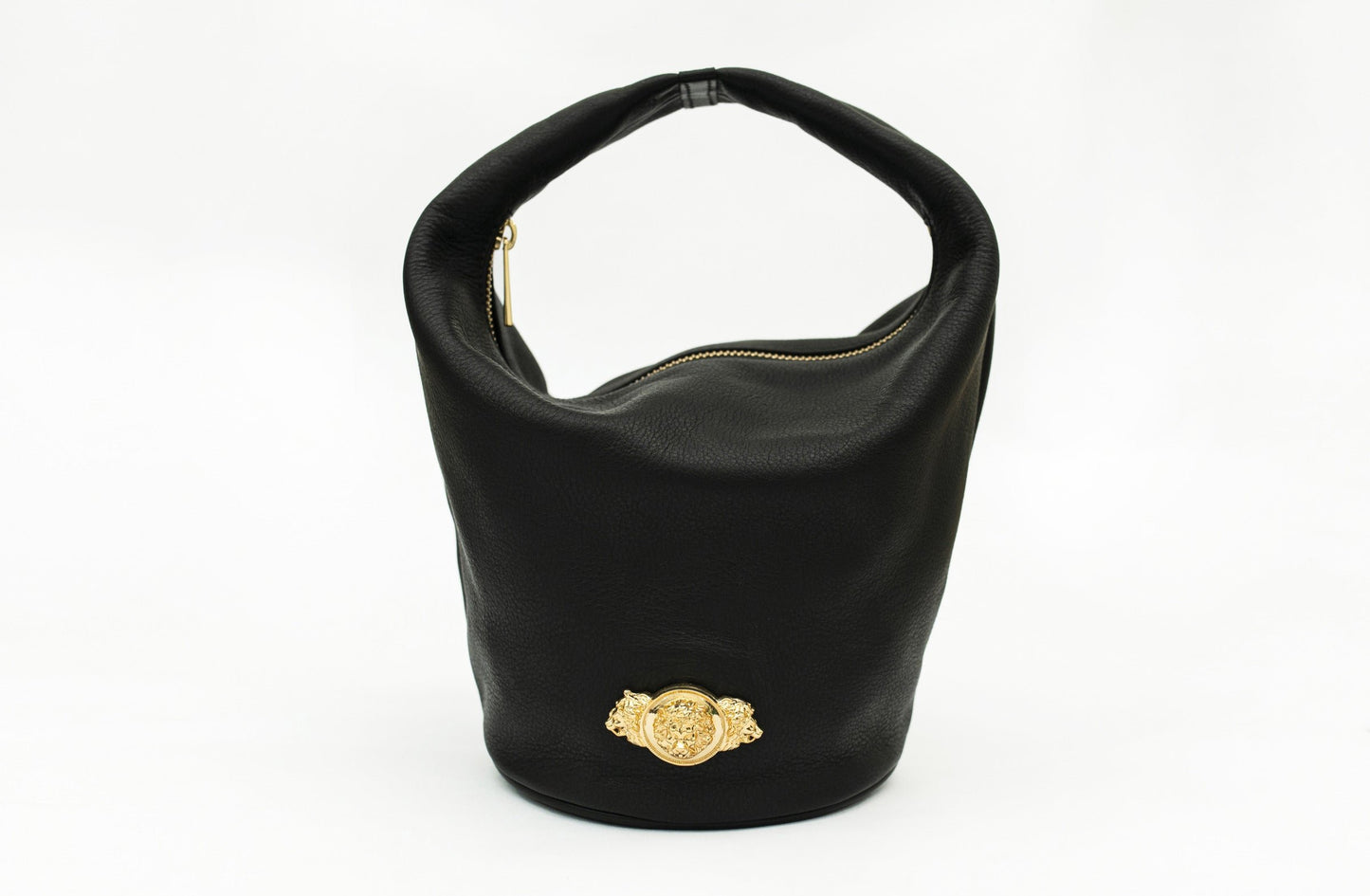 Striking Metal Embellished Studio Black Leather Basket Bag
