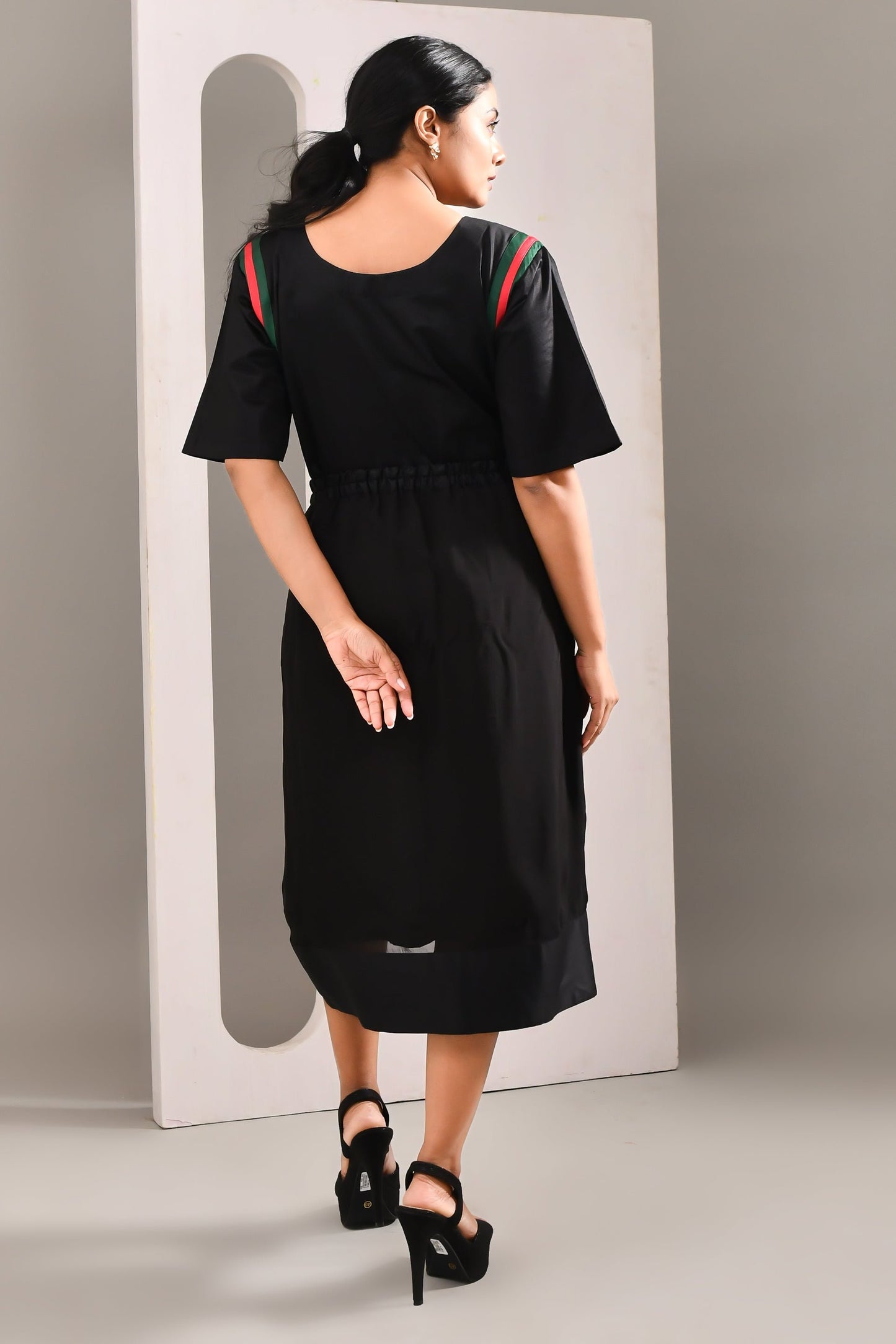 Black Blended Cotton Waist Knot Solid Asymmetric Dress - Golden Muslin