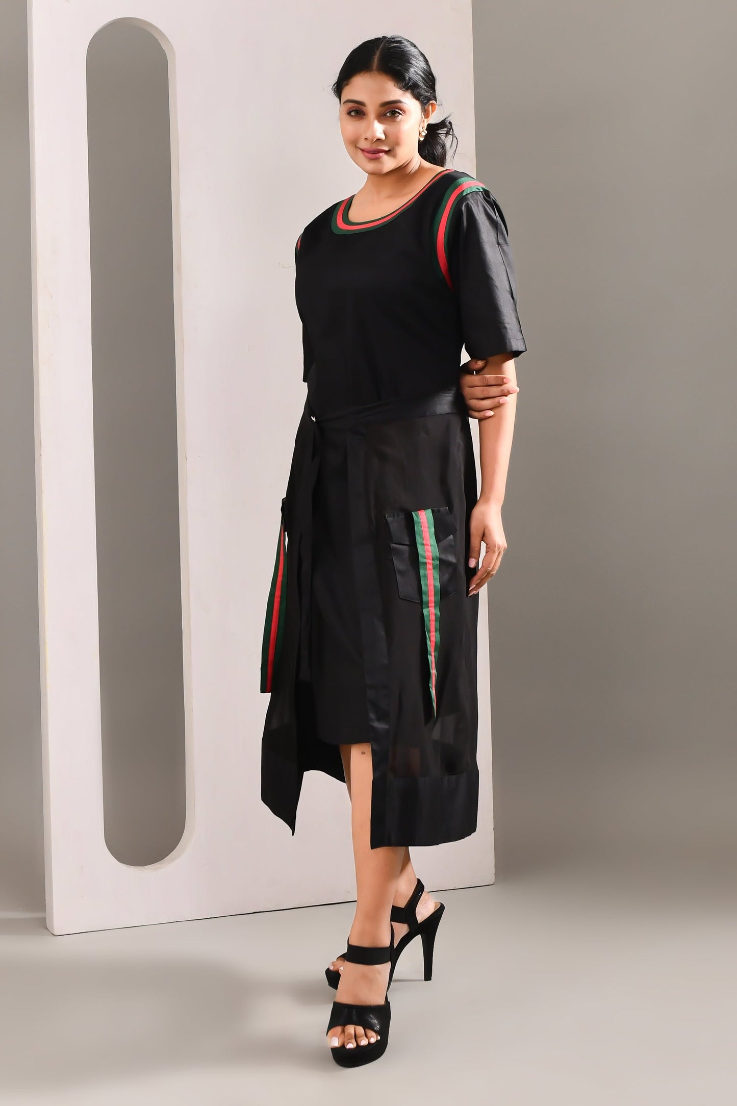 Black Blended Cotton Waist Knot Solid Asymmetric Dress - Golden Muslin