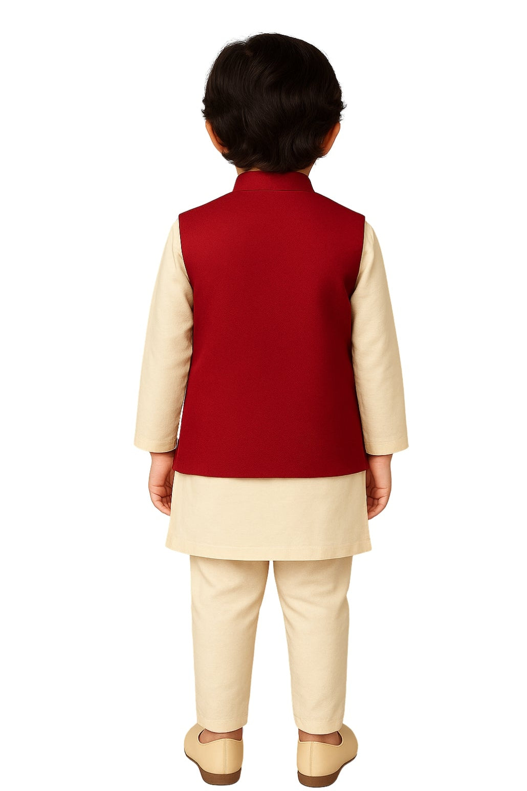 Red Linen Satin Embroidered Nehru Jacket Set For Boys