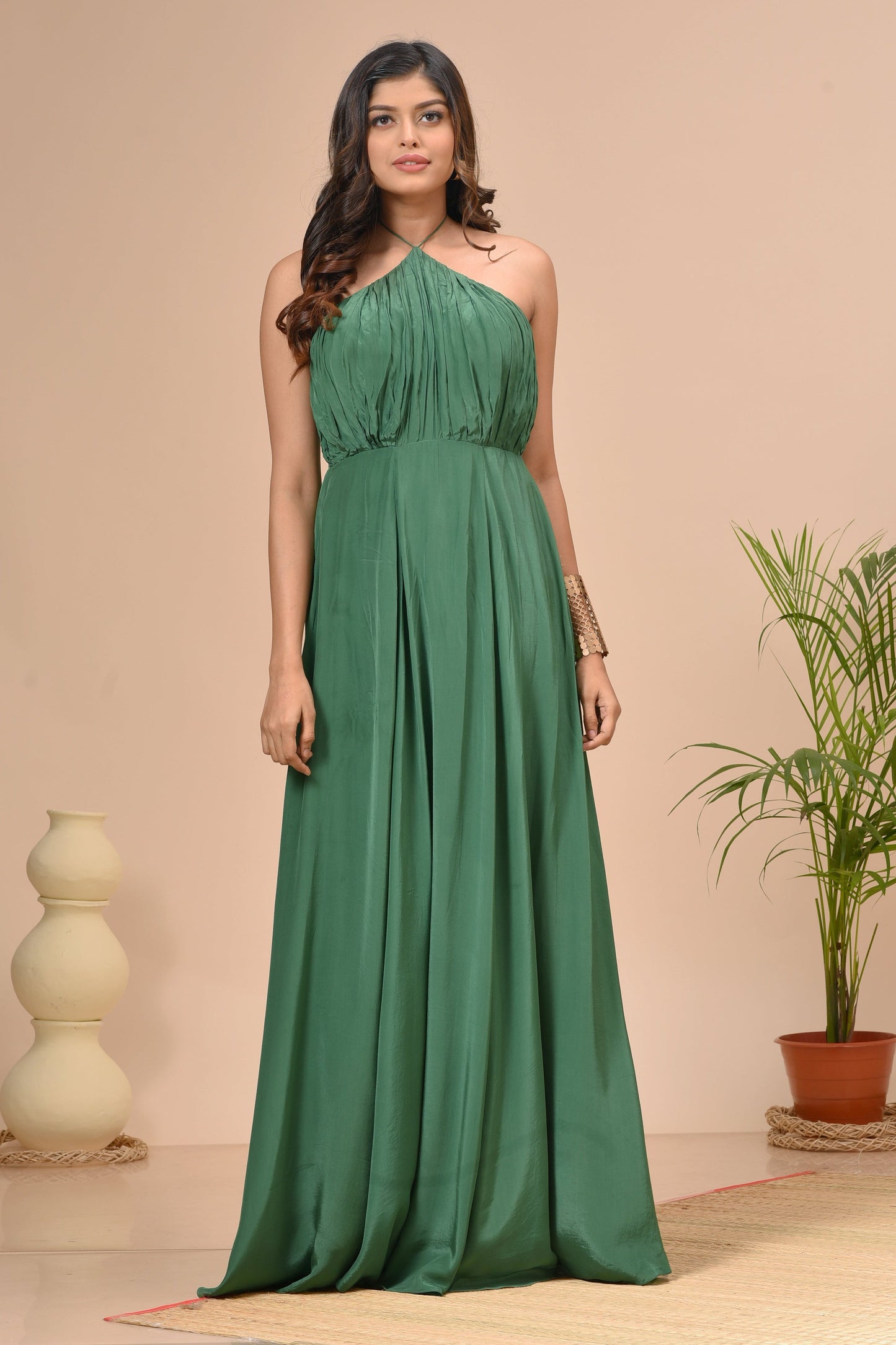 Hunter Green Satin Halter Maxi Gown