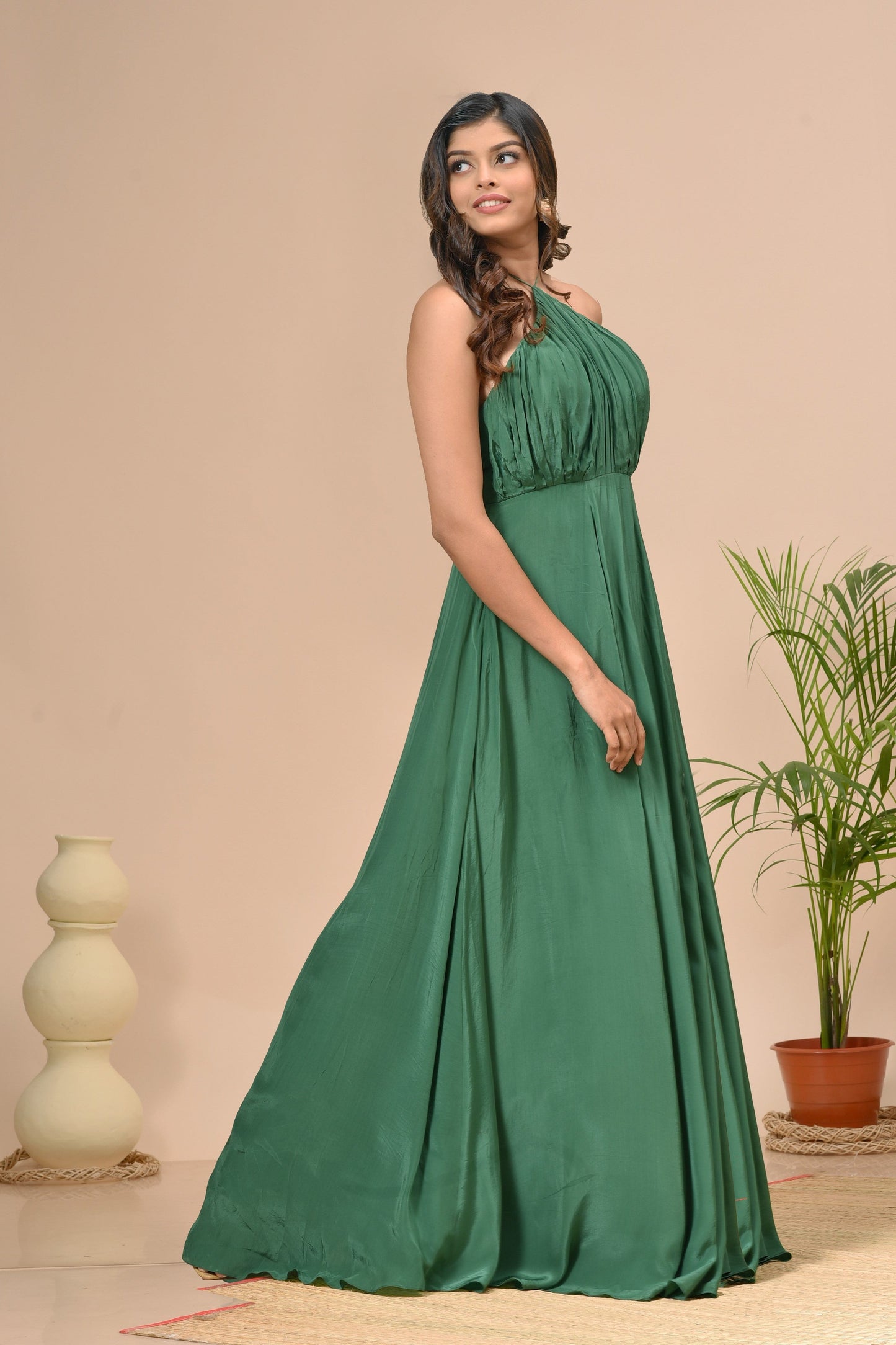 Hunter Green Satin Halter Maxi Gown