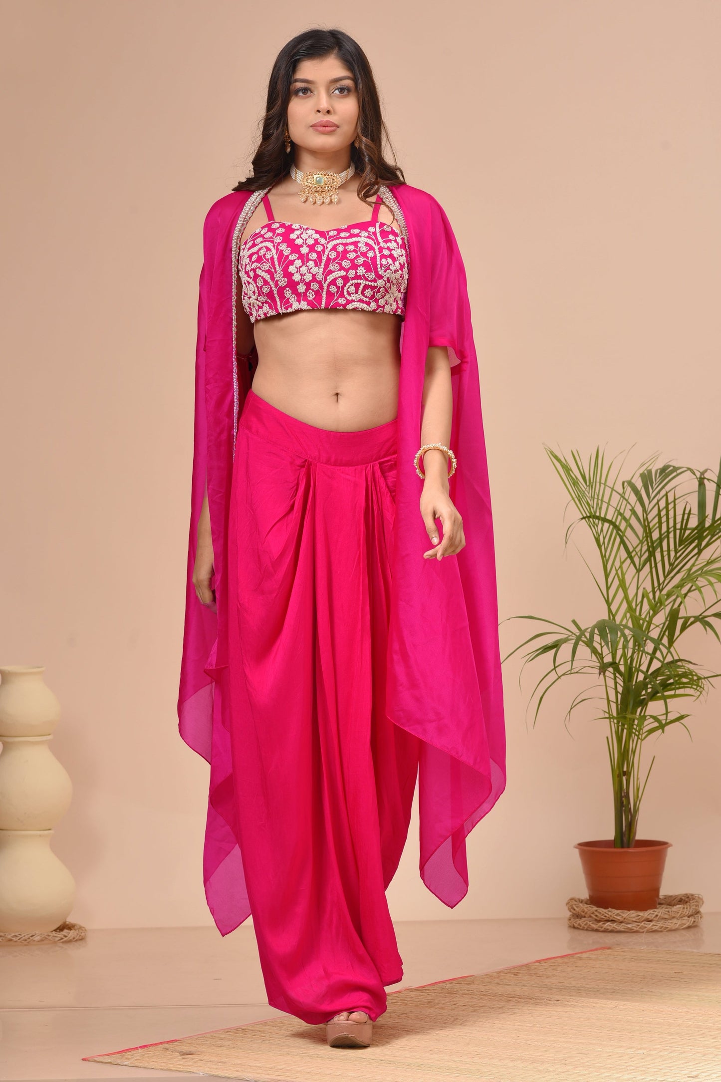 Fuchsia Pink Georgette Beads Embroidered Cape Set