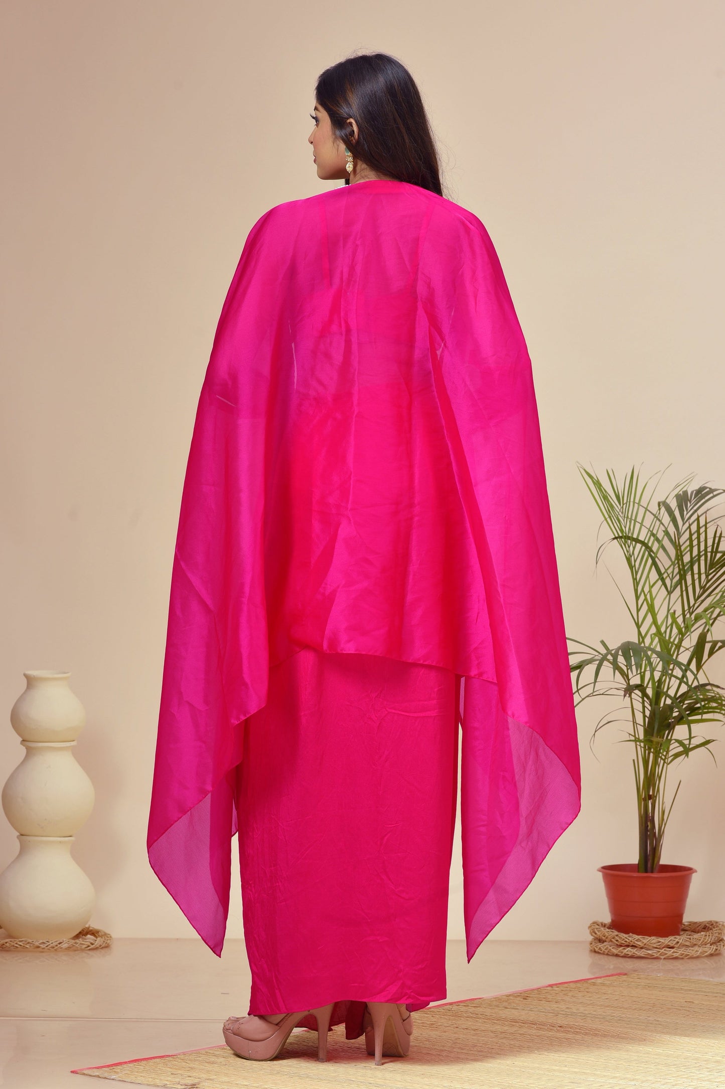 Fuchsia Pink Georgette Beads Embroidered Cape Set