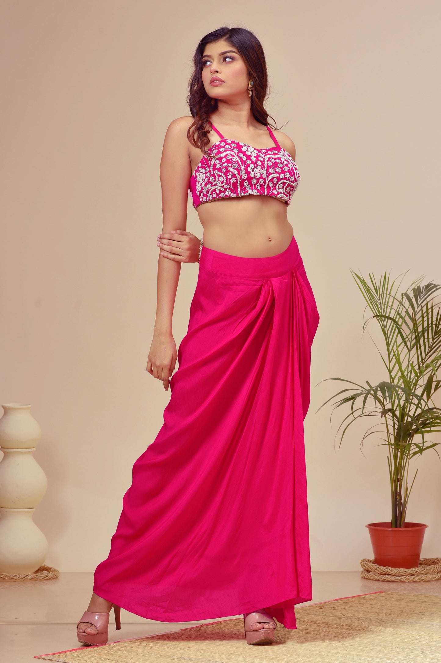 Fuchsia Pink Georgette Beads Embroidered Cape Set