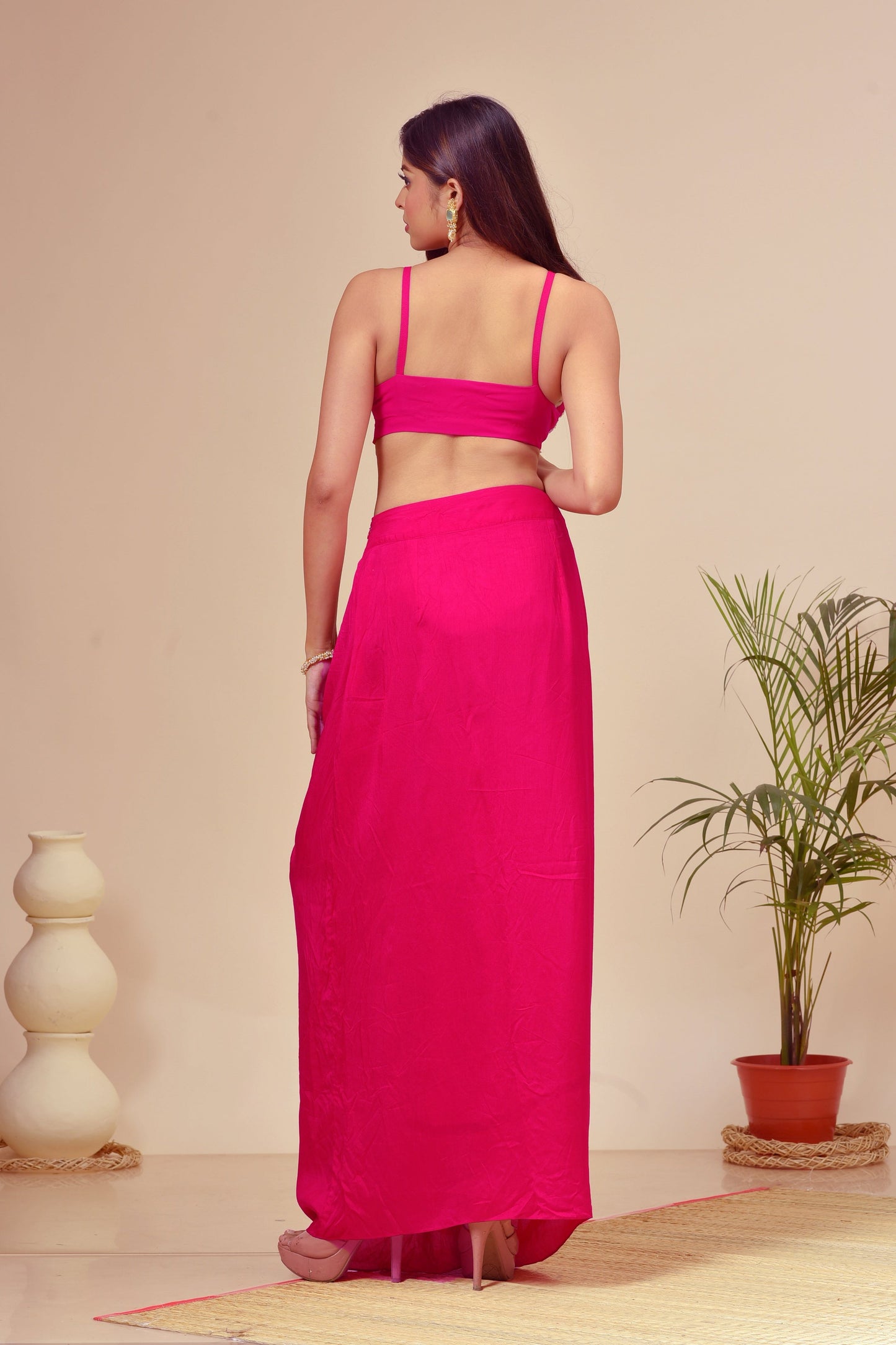 Fuchsia Pink Georgette Beads Embroidered Cape Set