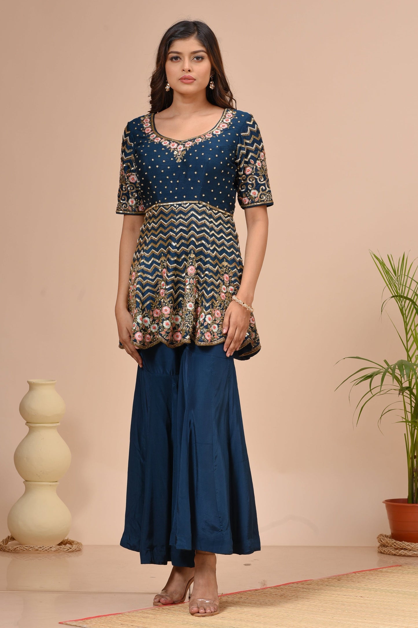 Midnight Green Crepe Peplum Embroidered Kurta Sharara Set