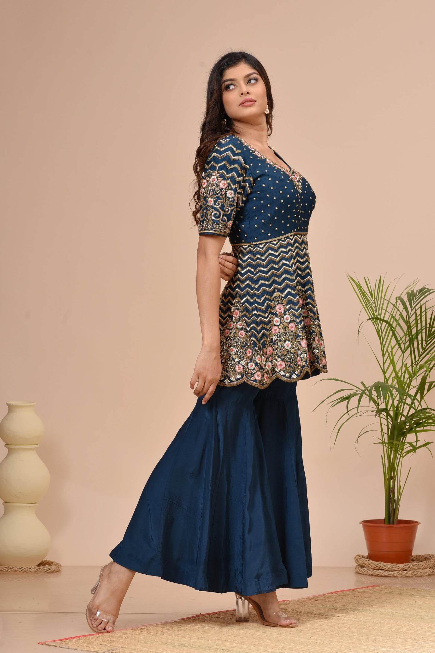 Midnight Green Crepe Peplum Embroidered Kurta Sharara Set
