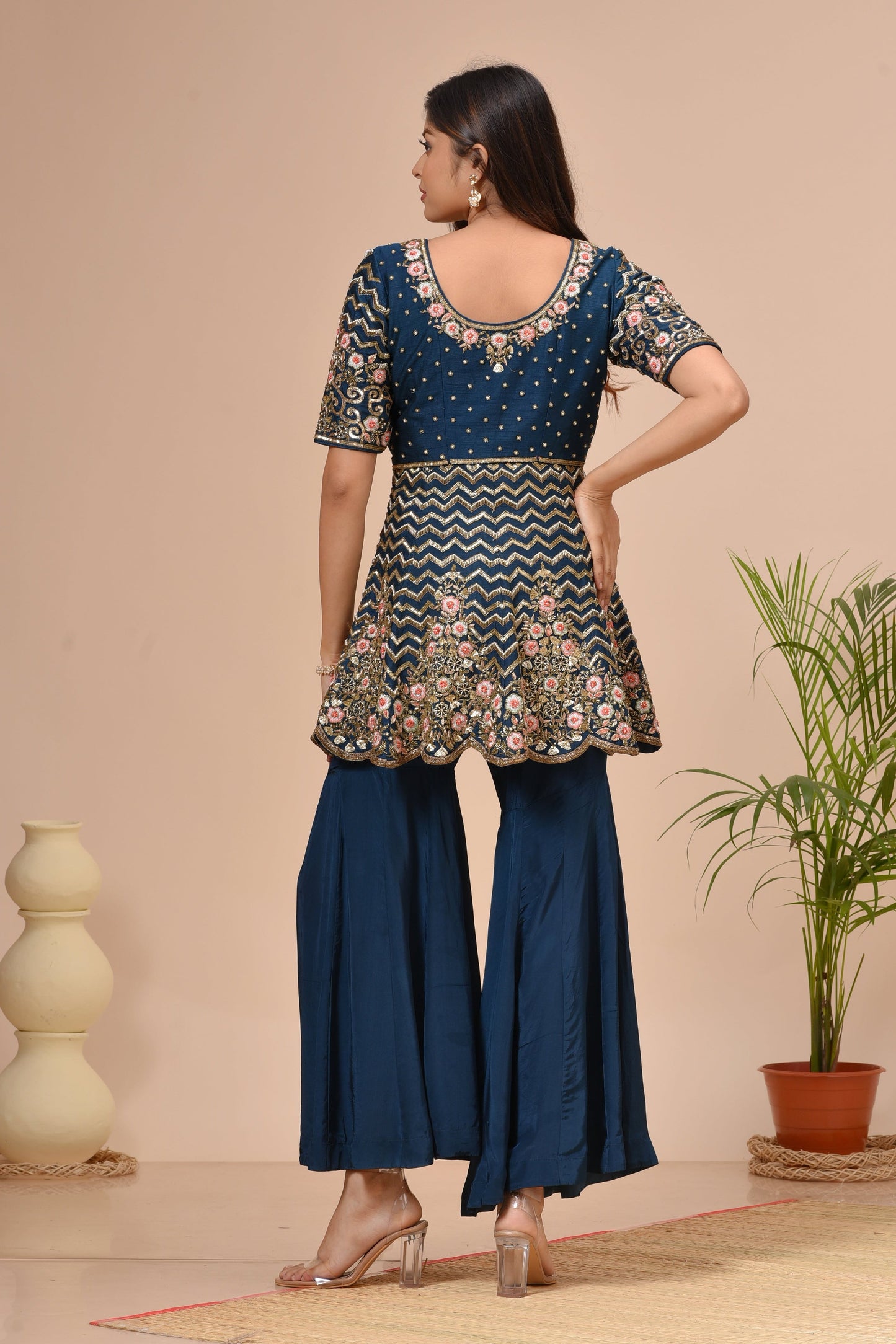 Midnight Green Crepe Peplum Embroidered Kurta Sharara Set
