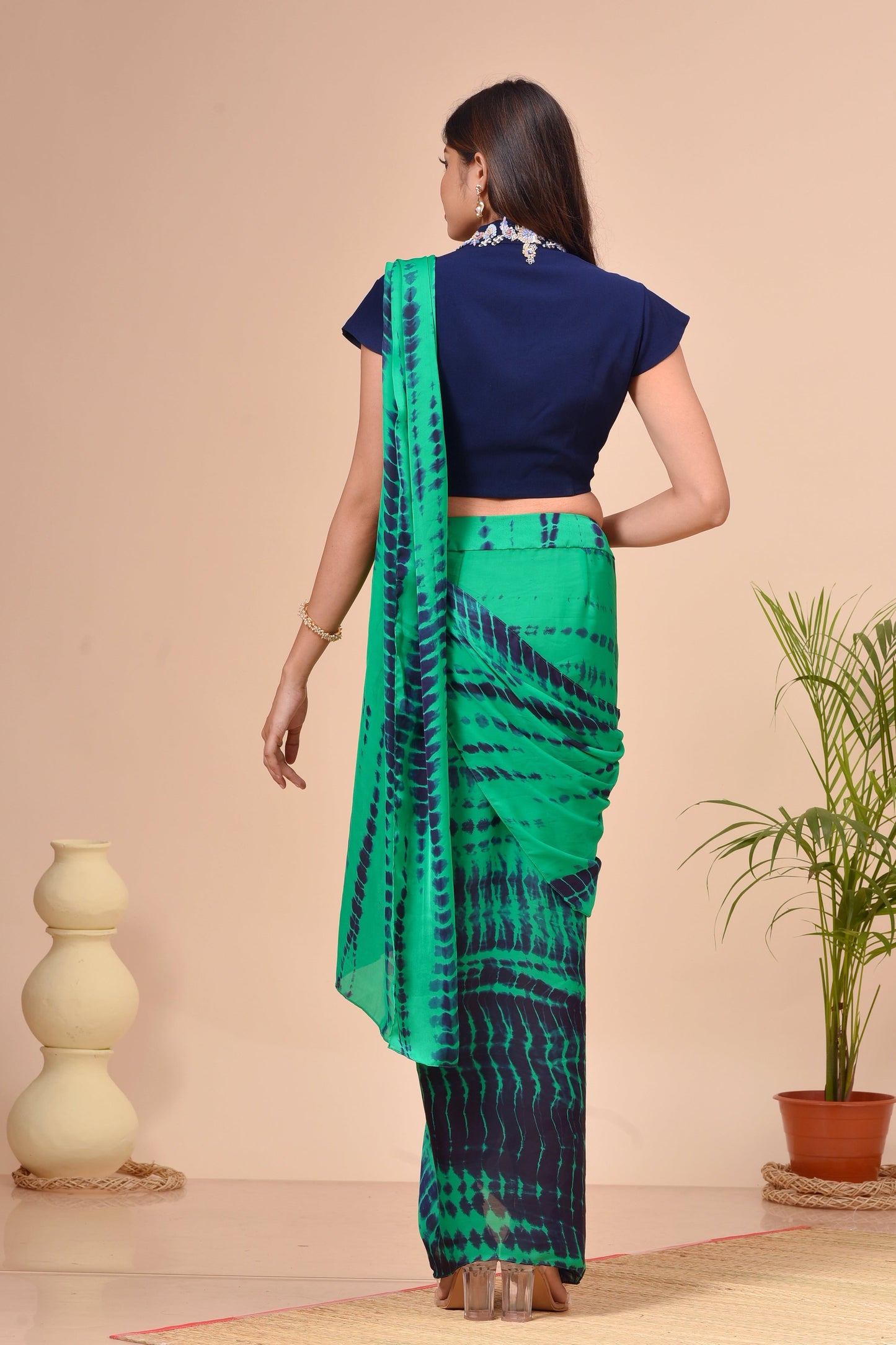 Teal Green Tie Dye Pre-Draped Saree Set