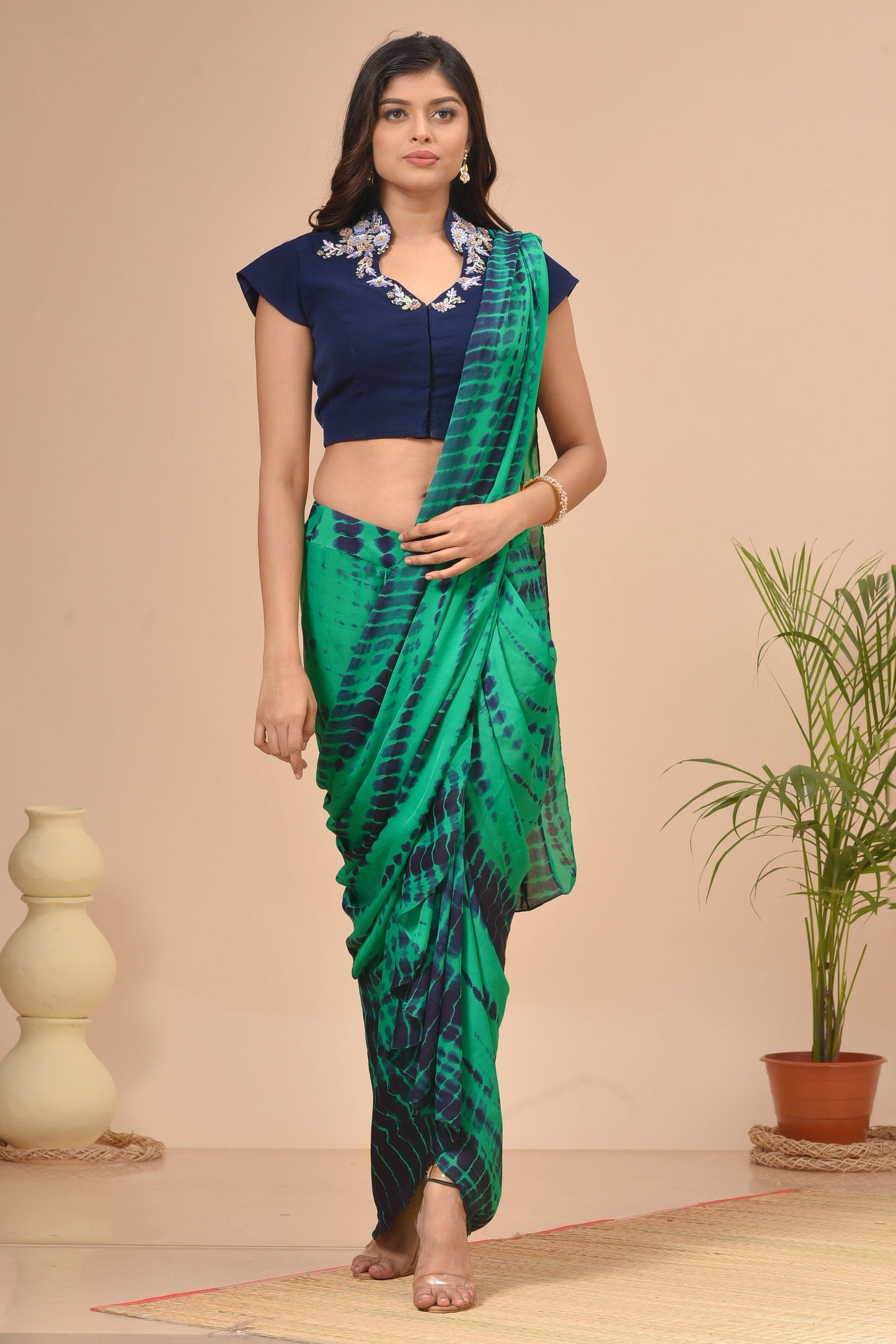 Teal Green Tie Dye Pre-Draped Saree Set