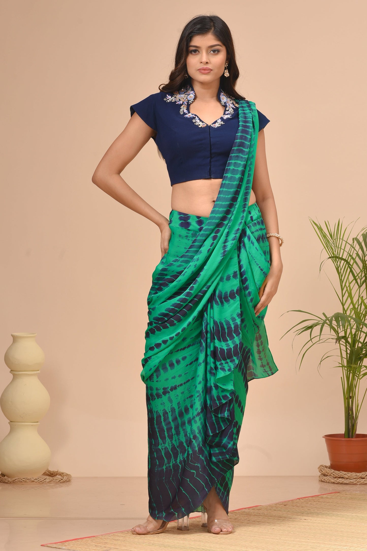 Teal Green Tie Dye Pre-Draped Saree Set