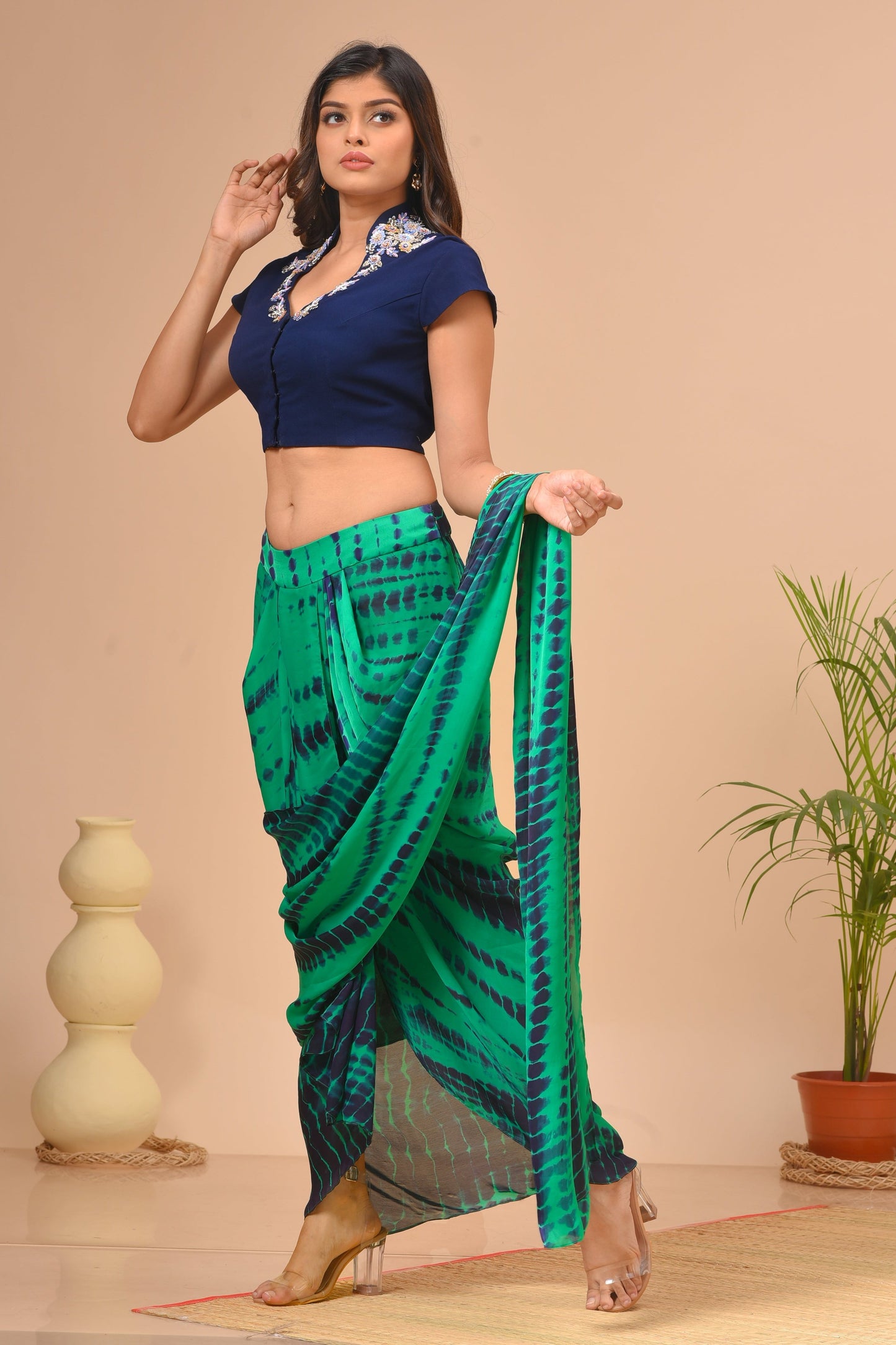 Teal Green Tie Dye Pre-Draped Saree Set