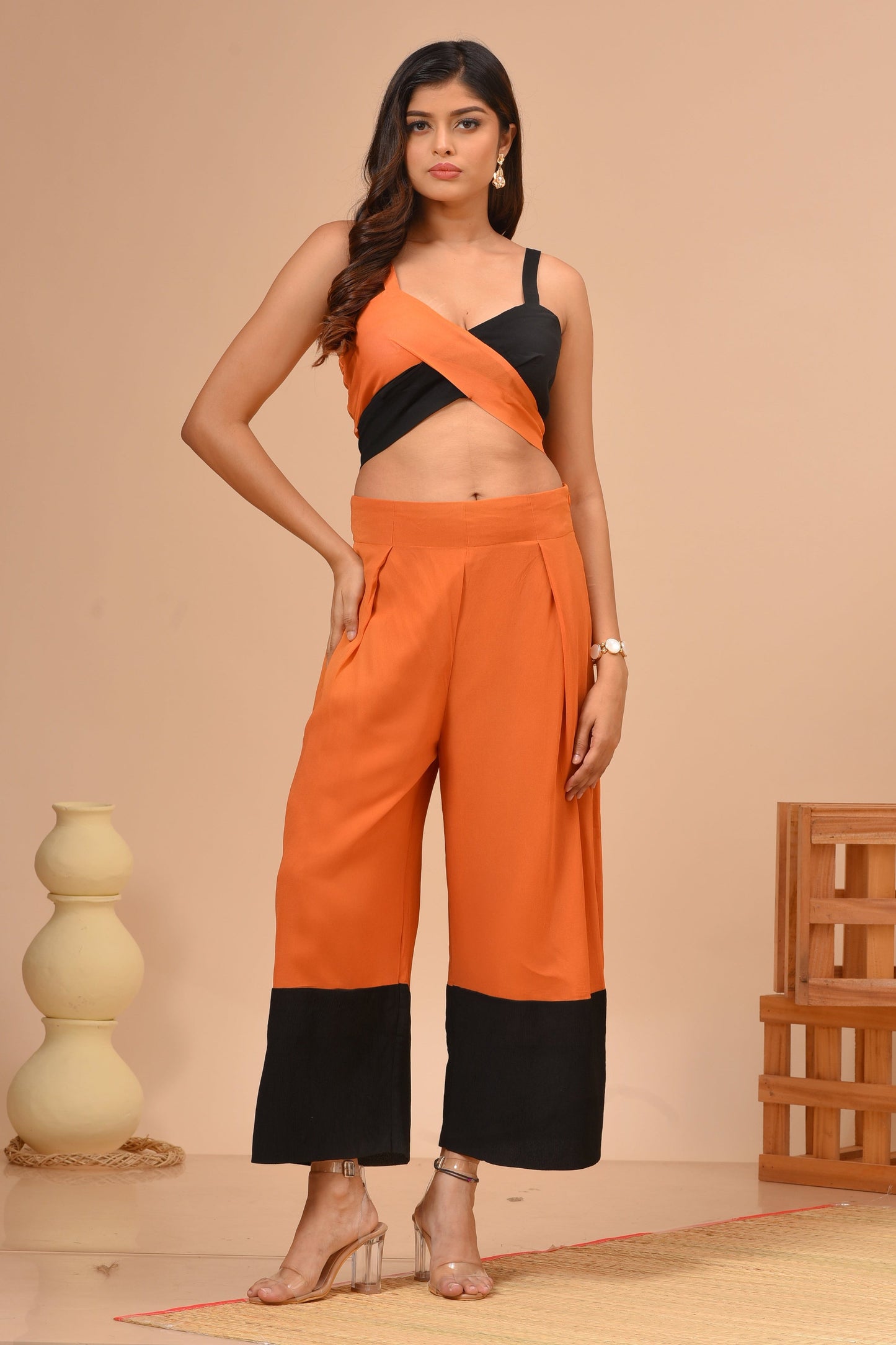 Black & Orange Georgette Pleated Culotte Co-ord Set