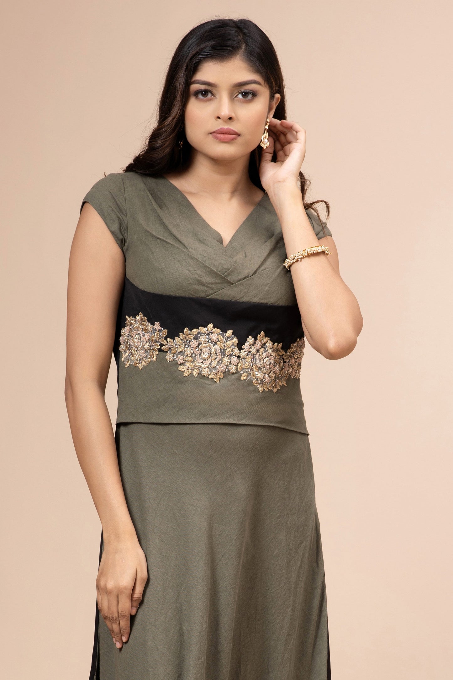 Olive Green Linen Cotton Pleated Cowl Gown