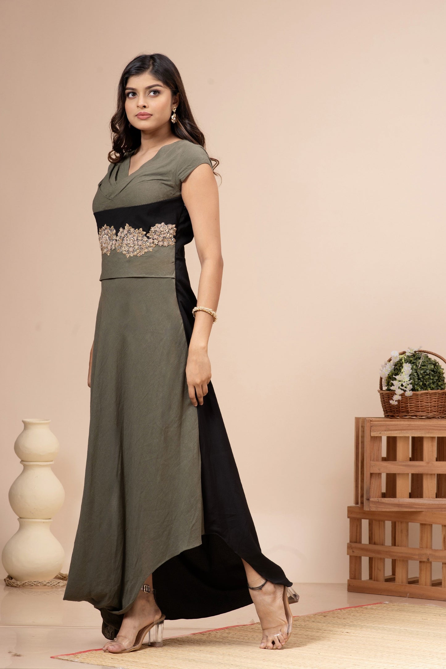 Olive Green Linen Cotton Pleated Cowl Gown