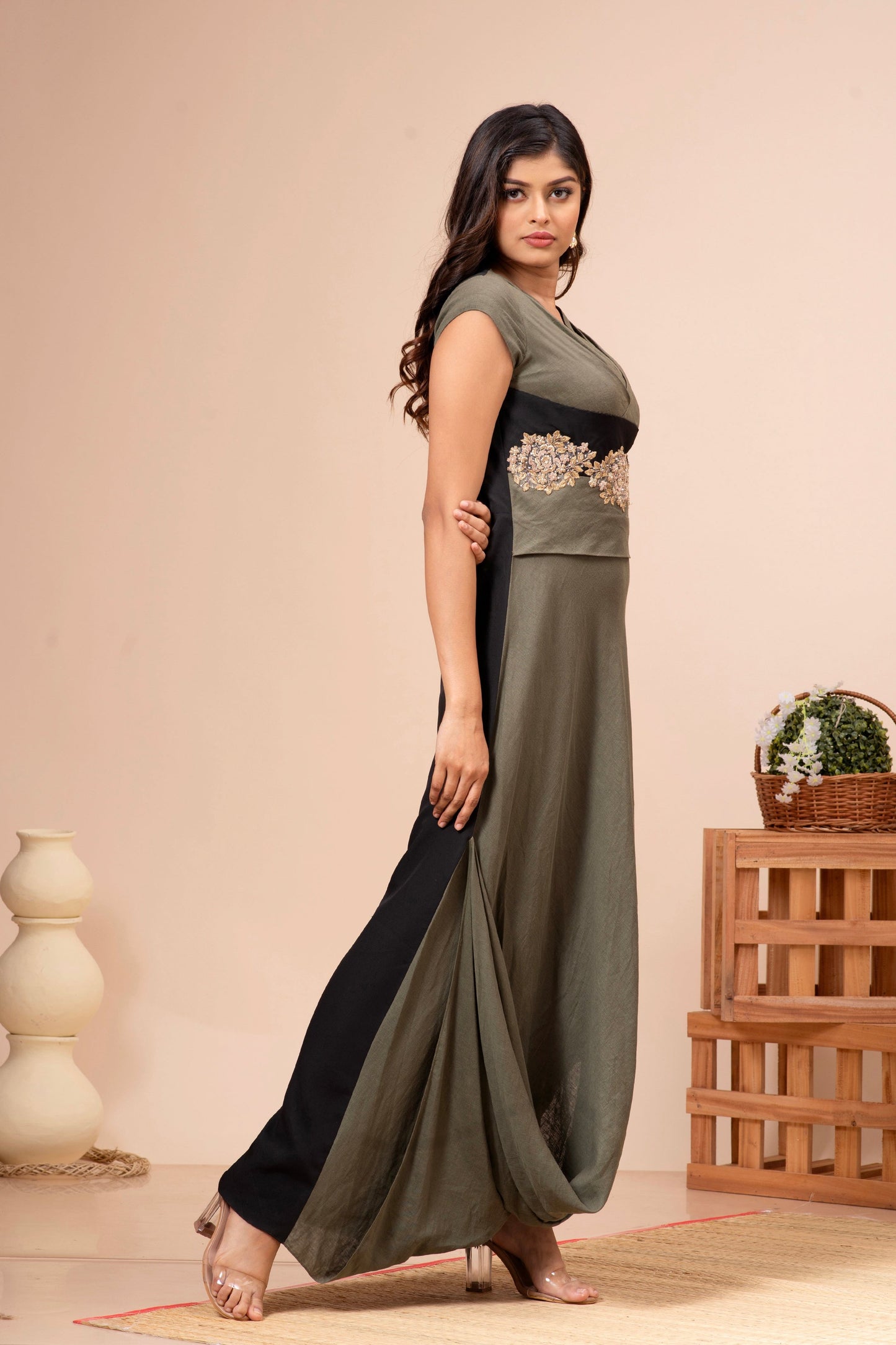 Olive Green Linen Cotton Pleated Cowl Gown