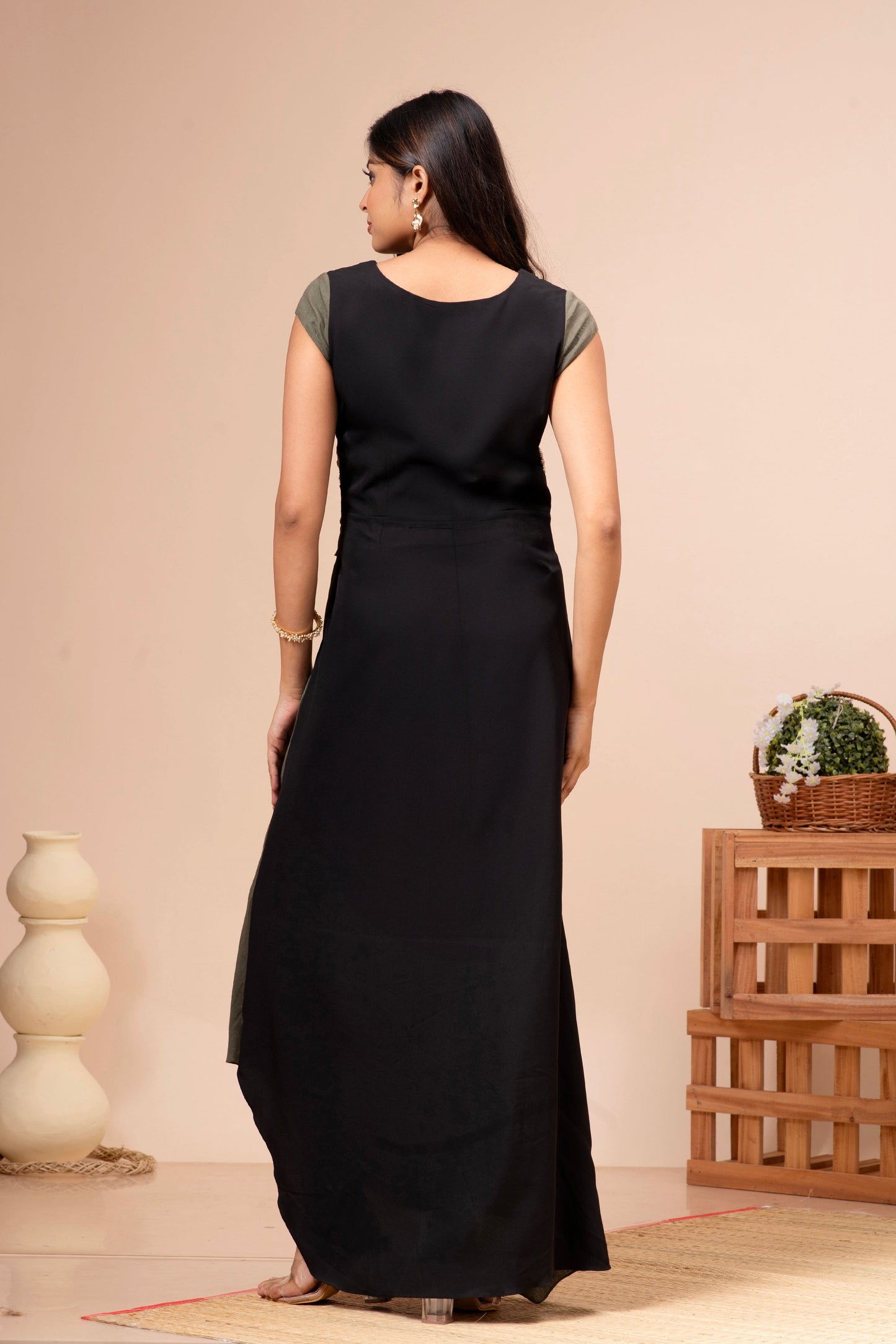 Olive Green Linen Cotton Pleated Cowl Gown