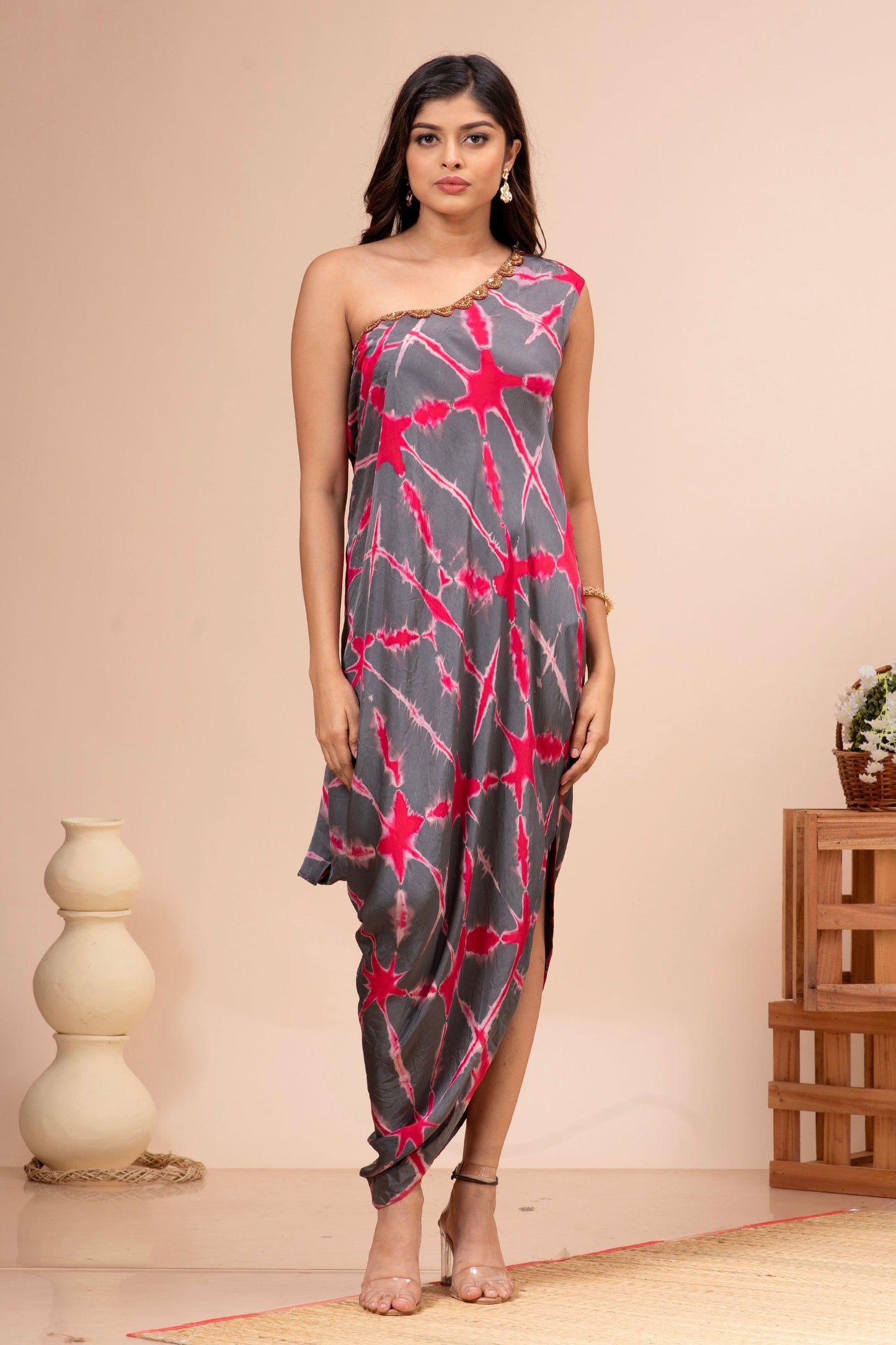 Grey & Red Modal Silk Tie Dye Draped Dress