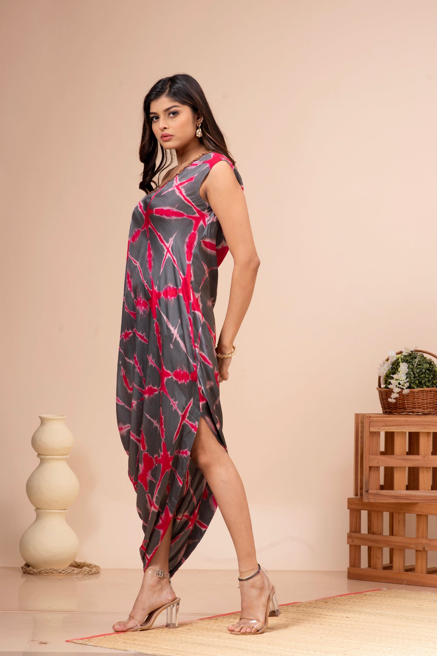 Grey & Red Modal Silk Tie Dye Draped Dress